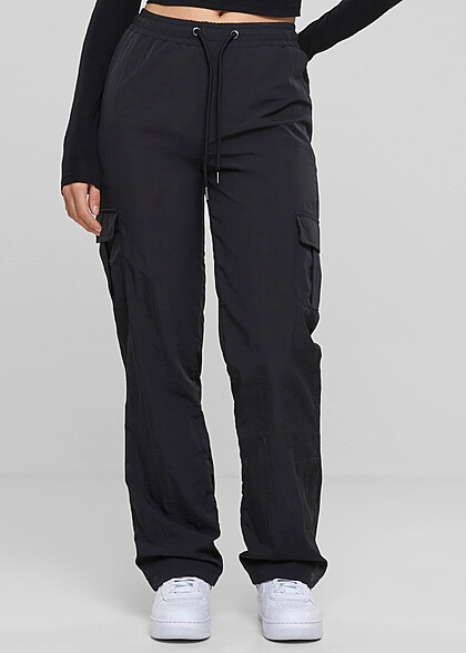 Urban Classics Damen Nylon Cargohose mit Tunnelzug schwarz
