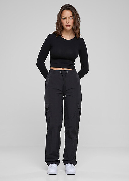 Urban Classics Damen Nylon Cargohose mit Tunnelzug schwarz