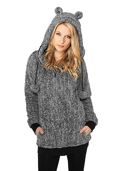 Urban Classics Damen Melange Teddyfell Zip-Hoodie schwarz grau