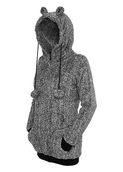 Urban Classics Damen Melange Teddyfell Zip-Hoodie schwarz grau