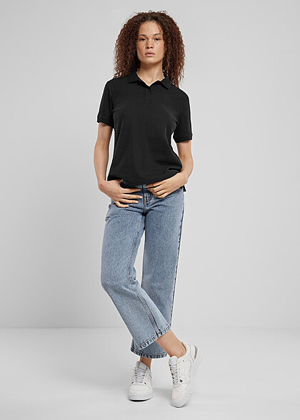 Urban Classics Damen Polo T-Shirt mit Knopfleiste schwarz