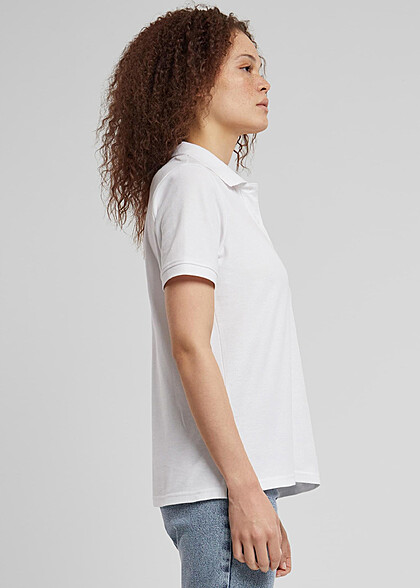 Urban Classics Damen Polo T-Shirt mit Knopfleiste weiss