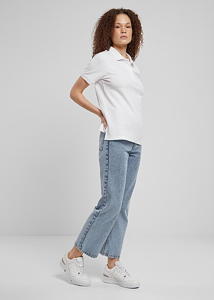 Urban Classics Damen Polo T-Shirt mit Knopfleiste weiss