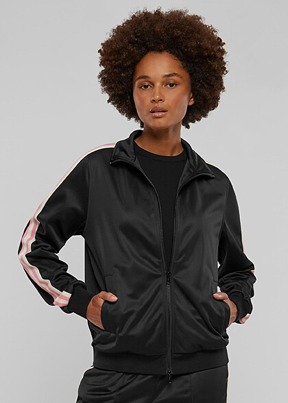 Urban Classics Damen Retro Trainingsjacke mit Zipper und Streifen schwarz rosa