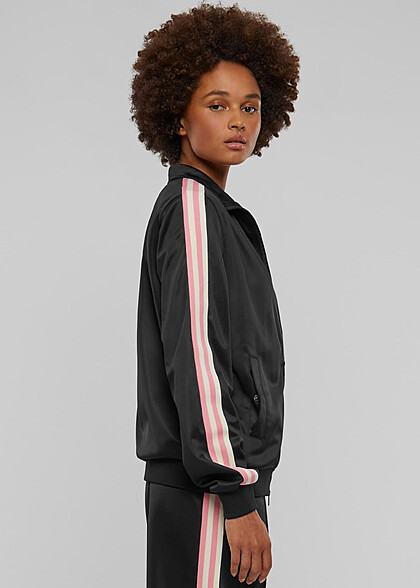 Urban Classics Damen Retro Trainingsjacke mit Zipper und Streifen schwarz rosa