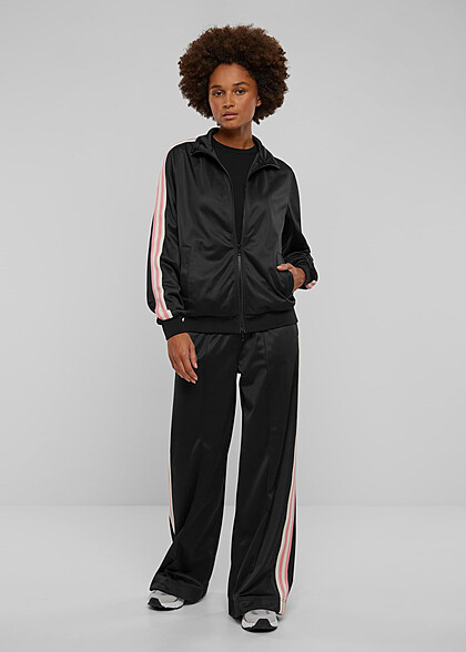 Urban Classics Damen Retro Trainingsjacke mit Zipper und Streifen schwarz rosa