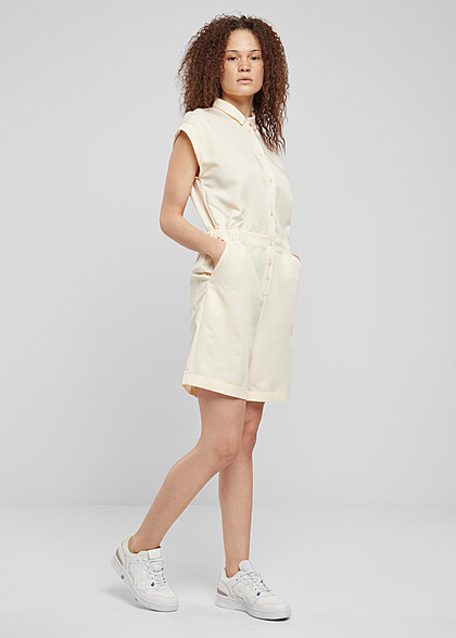 Urban Classics Damen Viskose Twill Jumpsuit mit Knopfleiste whitesand beige