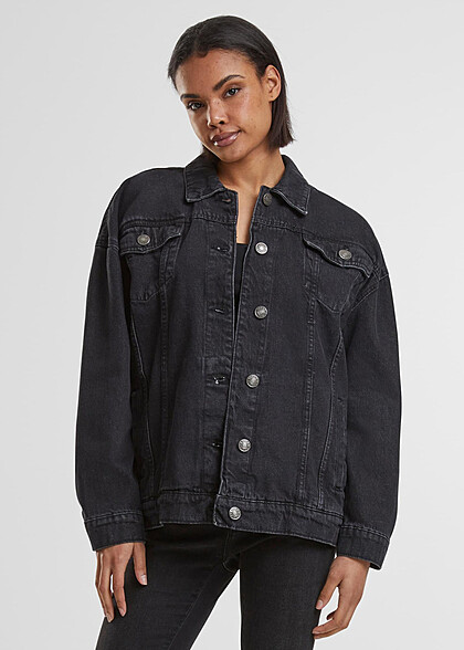 Urban Classics Damen 90s Oversized Jeansjacke mit Knopfleiste washed schwarz