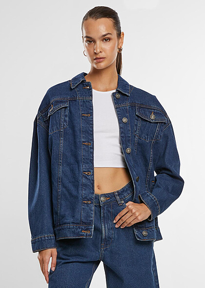 Urban Classics Damen 90s Oversized Jeansjacke mit Knopfleiste washed blau