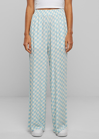 Urban Classics Damen Viskose Resort Hose mit Karomuster ocean hell blau weiss