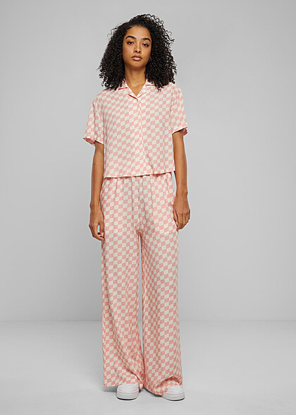 Urban Classics Damen Viskose Resort Hose mit Karomuster lemonade rosa weiss