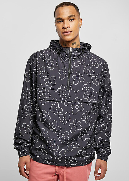 Urban Classics Herren Flower Print Windbreaker Pull-Over Jacke mit Kapuze schwarz