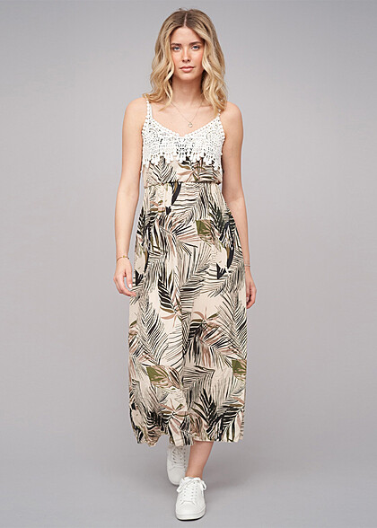 Cloud5ive Damen Maxikleid mit Häkelbordüre und Palmen Print beige