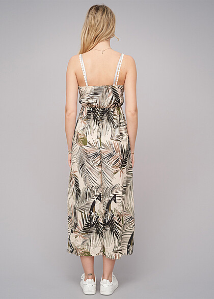 Cloud5ive Damen Maxikleid mit Hkelbordre und Palmen Print beige