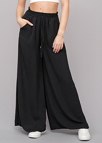 Cloud5ive Damen Sommer Hose mit weitem Schnitt und Gummibund schwarz