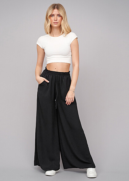 Cloud5ive Damen Sommer Hose mit weitem Schnitt und Gummibund schwarz