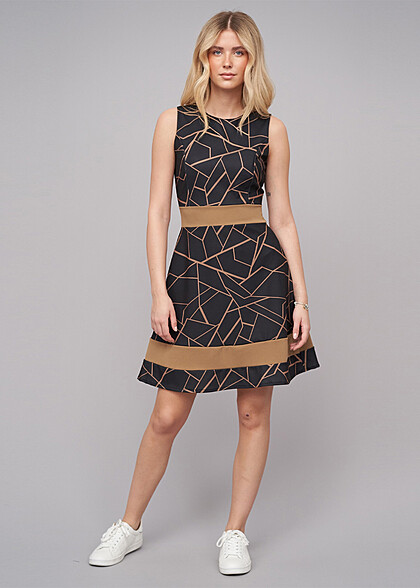 Cloud5ive Dames Jurk met abstracte print en rits aan de achterkant zwart bruin