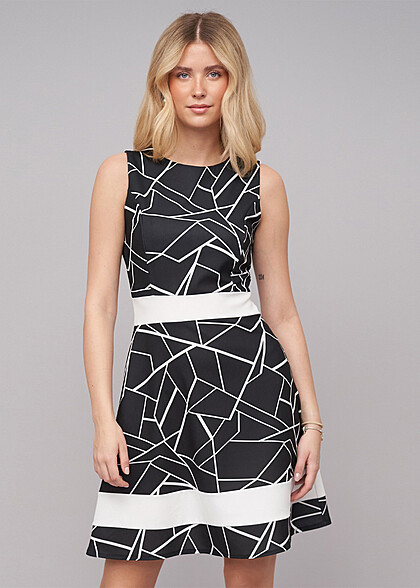 Cloud5ive Dames Jurk met abstracte print en rits aan de achterkant zwart wit