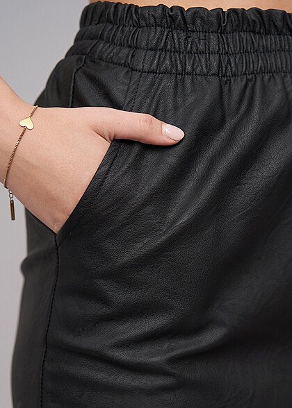 Cloud5ive Dames Kunstleren minirok met 2 zakken en elastische tailleband zwart