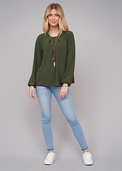 Cloud5ive Damen Bluse mit Kette und Knopfverschluss hinten military grn