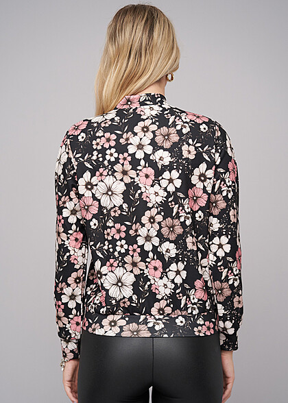 Cloud5ive Damen Blouson Bomberjacke mit Flower Print schwarz