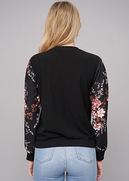 Cloud5ive Damen Blouson Bomberjacke mit Flower Print schwarz multicolor