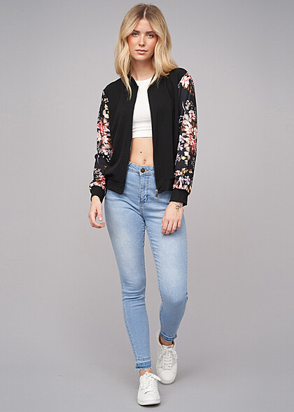 Cloud5ive Damen Blouson Bomberjacke mit Flower Print schwarz multicolor