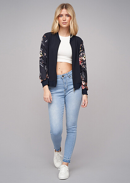 Cloud5ive Dames Blouson bomberjack met bloemenprint marineblauw multicolor