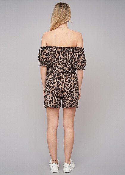 Cloud5ive Dames Playsuit met 2 zakken en all-over luipaardprint bruin zwart