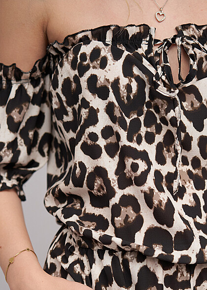 Cloud5ive Dames Playsuit met 2 zakken en all-over luipaardprint beige zwart