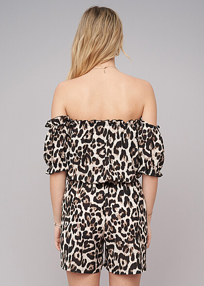 Cloud5ive Dames Playsuit met 2 zakken en all-over luipaardprint beige zwart