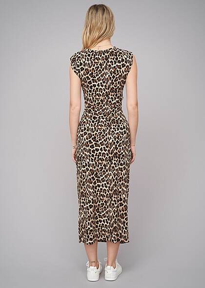Cloud5ive Damen Maxikleid seitl. Schlitz und All-Over Leo-Print braun schwarz