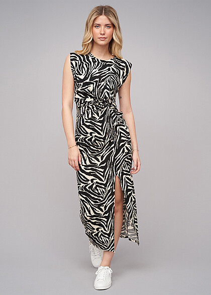Cloud5ive Dames Maxijurk met zijsplit en all-over zebraprint zwart beige
