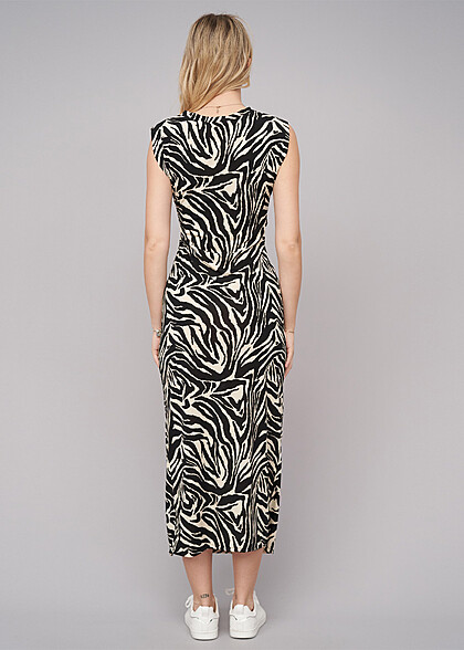Cloud5ive Dames Maxijurk met zijsplit en all-over zebraprint zwart beige