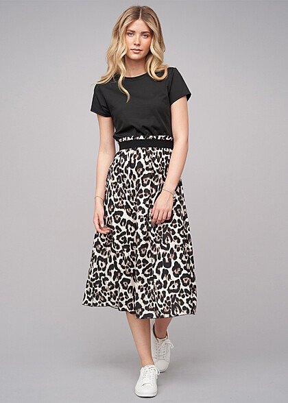 Cloud5ive Damen T-Shirt Kleid mit Taillenbund und Leo Print schwarz braun