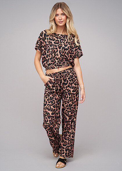 Cloud5ive Damen Leo Print Set Batwing Top und weite Hose schwarz braun