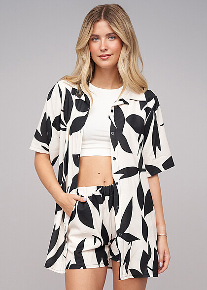 Cloud5ive Damen Floral Print Set Bluse mit Knopfleiste und Shorts schwarz braun