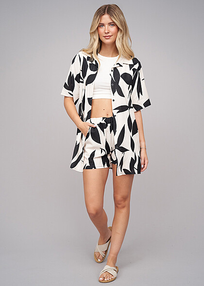 Cloud5ive Damen Floral Print Set Bluse mit Knopfleiste und Shorts schwarz braun