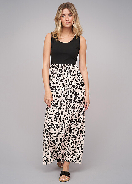 Cloud5ive Dames Tweekleurige maxijurk met luipaardprint zwart beige