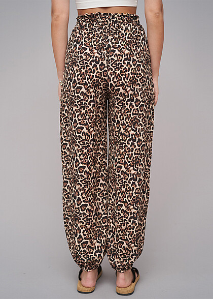 Cloud5ive Dames Zomerbroek met elastische tailleband en luipaardprint beige bruin