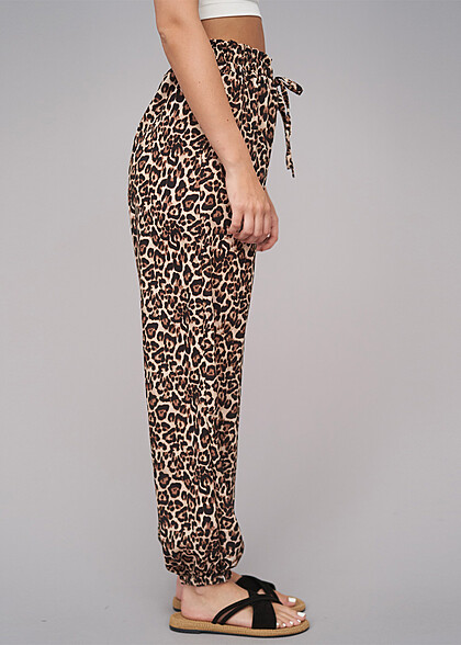Cloud5ive Dames Zomerbroek met elastische tailleband en luipaardprint beige bruin