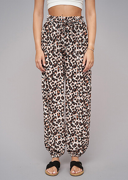 Cloud5ive Dames Zomerbroek met elastische tailleband en luipaardprint beige