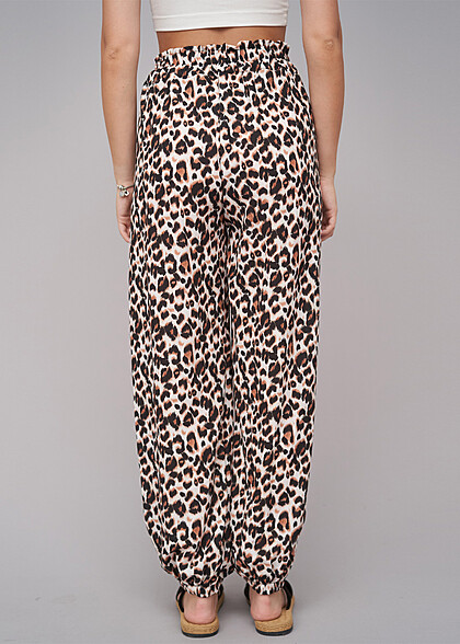 Cloud5ive Dames Zomerbroek met elastische tailleband en luipaardprint beige