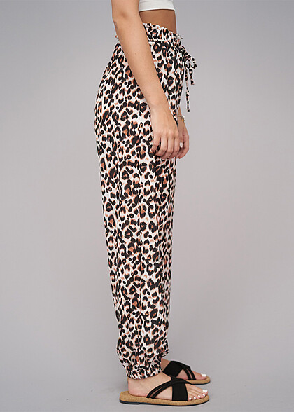 Cloud5ive Dames Zomerbroek met elastische tailleband en luipaardprint beige