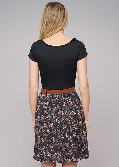 Cloud5ive Dames Tweekleurige jurk met ditsy-print en riem zwart