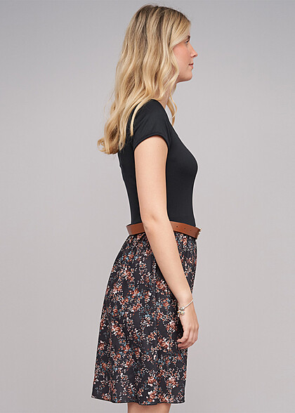 Cloud5ive Dames Tweekleurige jurk met ditsy-print en riem zwart