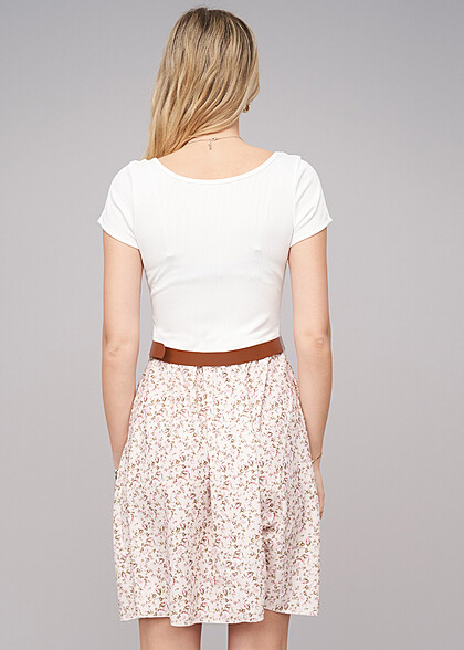 Cloud5ive Dames Tweekleurige jurk met ditsy-print en riem wit