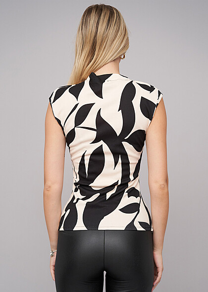 Cloud5ive Dames Ribtop met all-over bloemenprint beige zwart