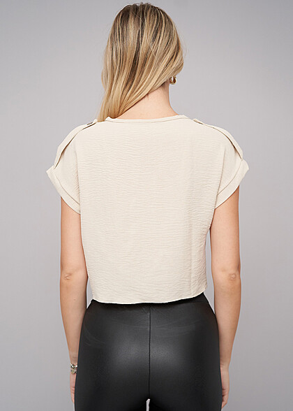Cloud5ive Dames Mousseline top met schouderlussen en knoopdetail beige