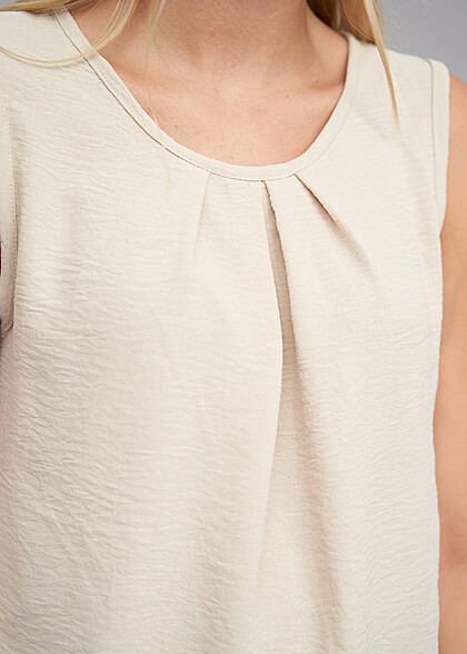 Cloud5ive Dames Effen top met rimpeling en ronde hals beige